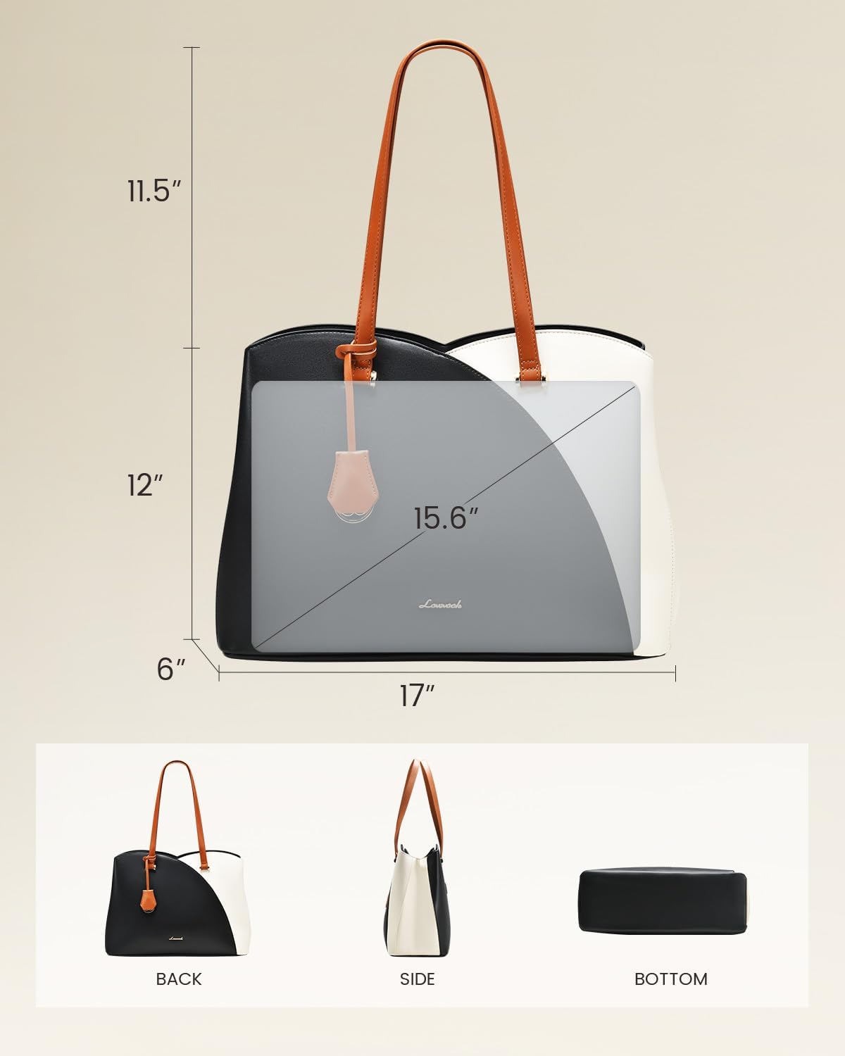 LOVEVOOK Laptop Tote Bag for Women, Work Bags Laptop Bag Teacher Tote Bag, Leather Computer Bag Large Purses Handbag Professional Briefcase, Black-Beige-Brown, 15.6 Inch