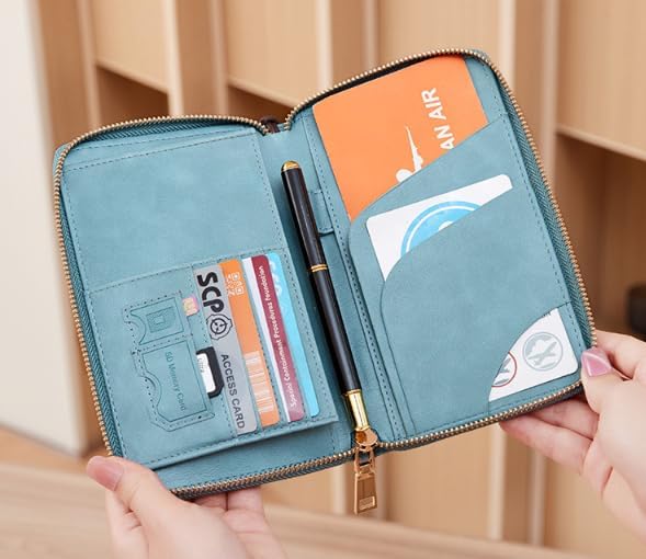 Unisex genuine leather wallet multifunctional RFID travel passport holder with protective cover (Blue)