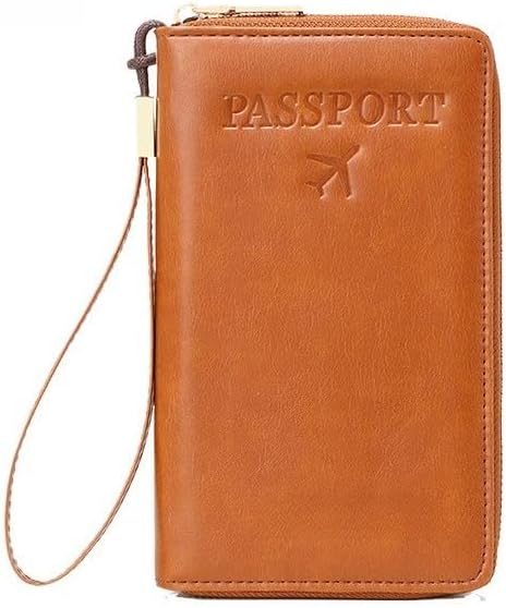 Unisex genuine leather wallet multifunctional RFID travel passport holder with protective cover (Brown)