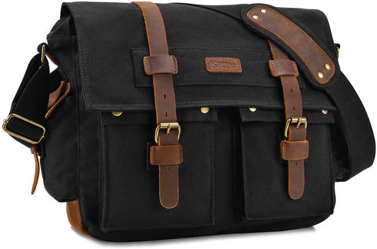 Kattee Military Messenger Bag Canvas Leather Shoulder Bag