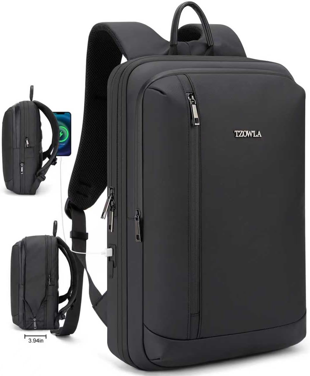Tzowla Business Expandable Laptop Backpack for Men Professional,Slim Waterproof Backpacks for Travel/Work/Office/College with USB/Type C Charging Port,Lightweight Bag Fit 17.3 Inch Notebook(Black)