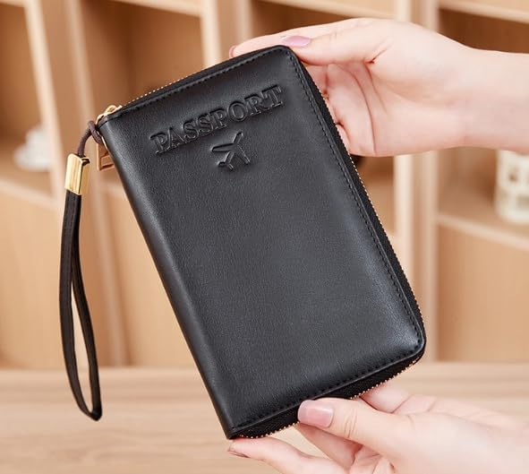 Unisex genuine leather wallet multifunctional RFID travel passport holder with protective cover (Black)