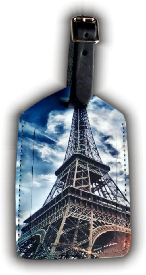 Mulch Leather Genuine Cow Leather Luggage Tag for Baggage ID Tags Travel Bag Tags for Suitcases Privacy Cover ID Label (Eiffel Tower)