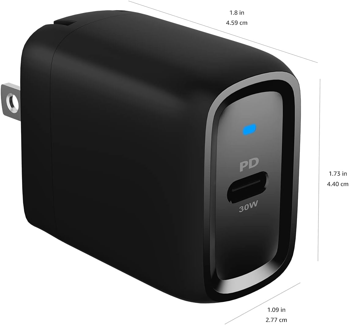 Amazon Basics 30W One-Port GaN USB-C Wall Charger with Power Delivery PD for Tablets & Phones (iPhone 16/15/14/13/12/11/X, iPad, Samsung, and More), Non-PPS, Black