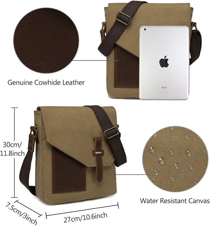 VASCHY Small Messenger Bag, Vintage Canvas Leather Lightweight Crossbody Bag