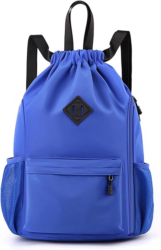 Valleycomfy Waterproof Drawstring Gym Backpack Bag for Men & Women,Sports Gym Bag with Side Pocket Blue