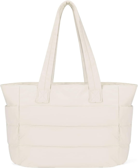 Puffer Tote Bag with Zipper for Women, Lightweight Quilted Handbag with Laptop Compartment for Work Nurse