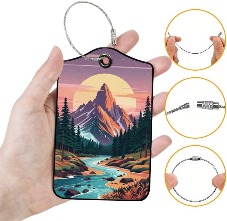 2 Pack Mountain Leather Luggage Tags for Suitcases, Travel Bag Tags with Privacy Cover ID Label with Stainless Steel Loop for Women Men Girls Backpack Gift (Green Purple)