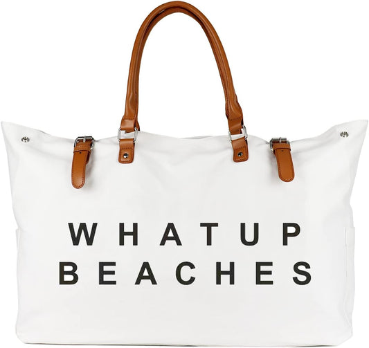 Beach Bag with Vegan Leather Handle, Extra Large Beach Bag for Women Waterproof Sandproof, White