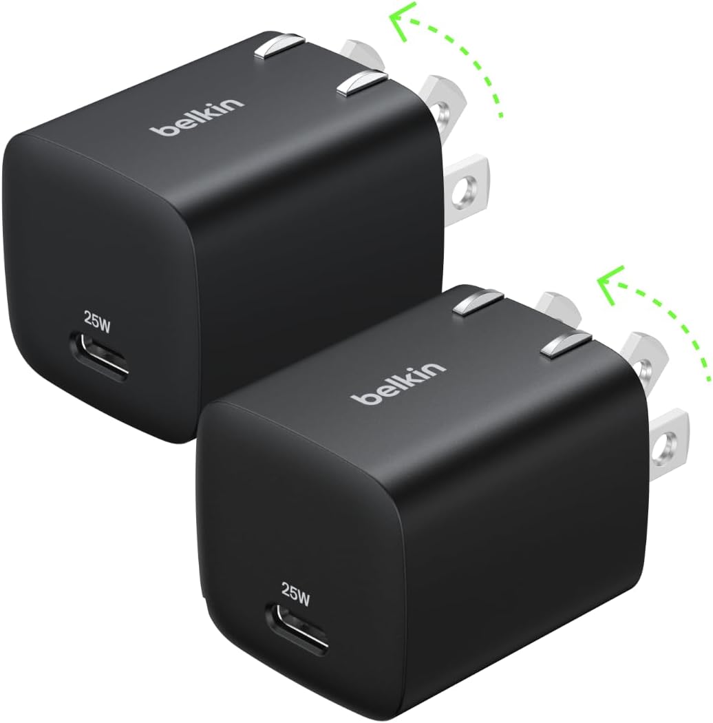 Belkin USB C Charger Block 25W (2 Pack) – PD3.0 PPS Super Fast Charging - Samsung Galaxy S25, S24, Apple iPhone 17, Air, Pro, Pro Max, AirPods, Apple Watch, Google Pixel 10, Nintendo Switch - Black