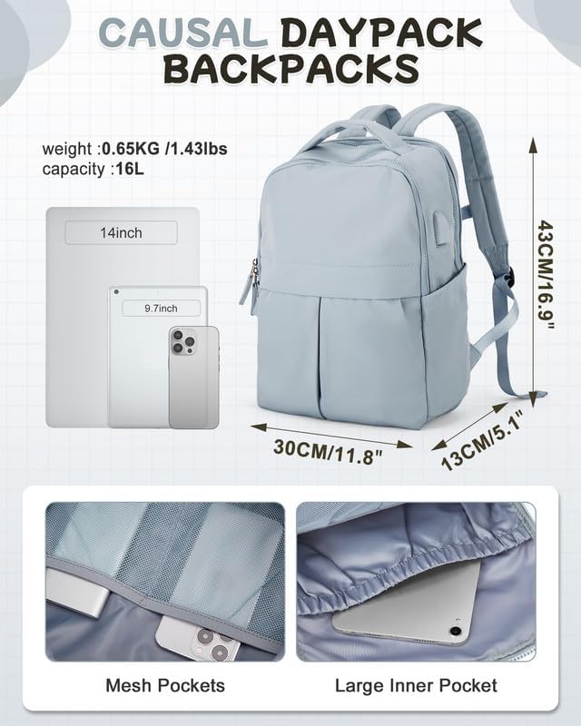 Laptop Backpack for Women Men Gym Work Backpack Casual Daypack Backpacks Small Travel Backpack for Traveling on Airplane Lightweight College Teacher Backpacks for Women Blue