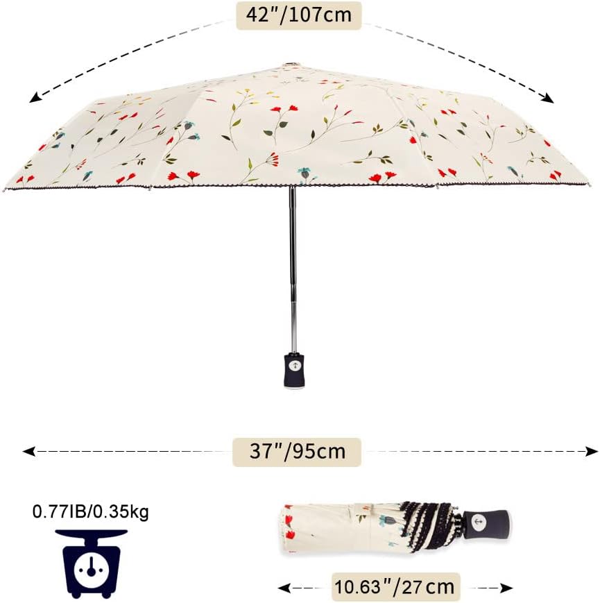 Cuby Travel Umbrella Compact Folding Auto Open and Close for Windproof, Rainproof & 99.9% UV Sun Protection Parasol with Black Anti-UV Coating (Flowers)