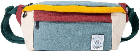 Dime Bags Oversized Fanny Pack, 100% Nepali Hemp Crossbody Waist Bag for Men & Women, Adjustable Strap, Multiple Pockets, Eco-Friendly Festival & Travel Bag, Boho & Neutral Colors, Reveller(Boho Blue)