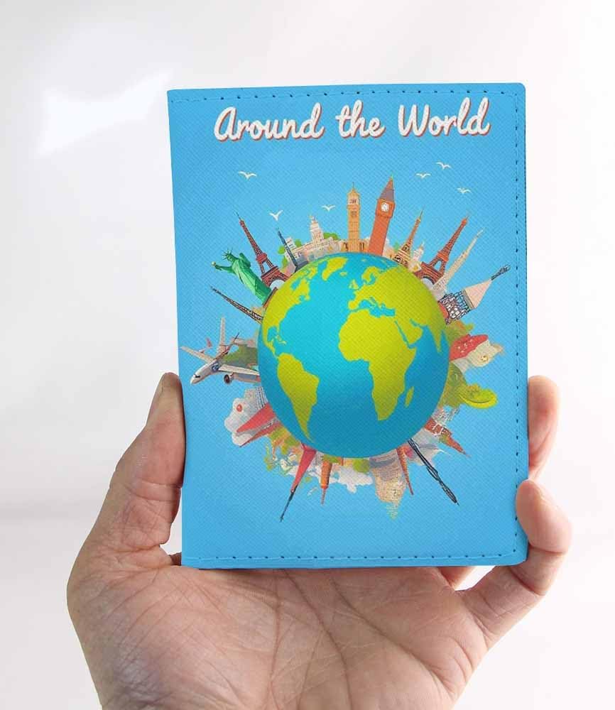 Travel to World Passport Holder for Travel Road Trip Landmarks on the Globe PU Leather Passport