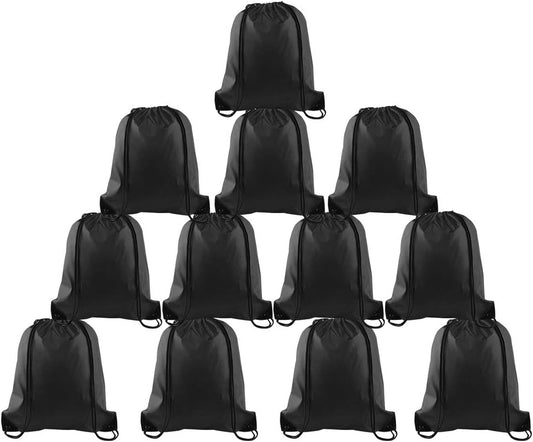 FEPITO 12 Pack Drawstring Backpack Bags Sack Cinch Bag String Backpack for Gym Traveling,Black
