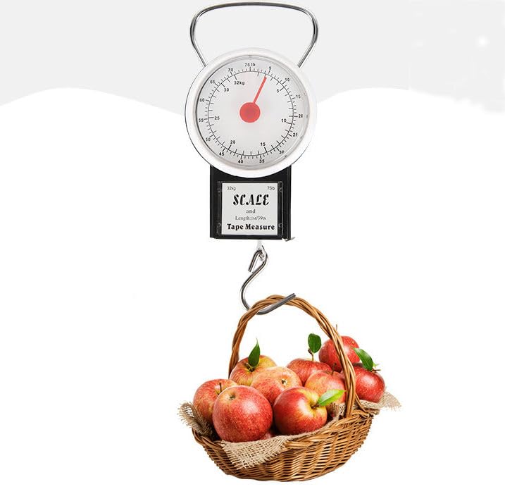 Mechanical Hanging Luggage Scale with Tape Measure – 22kg/50lb Portable Analog Dial Weight Scale for Travel Bags, Fishing, Household Use – Battery-Free, Durable Hook, Compact Design