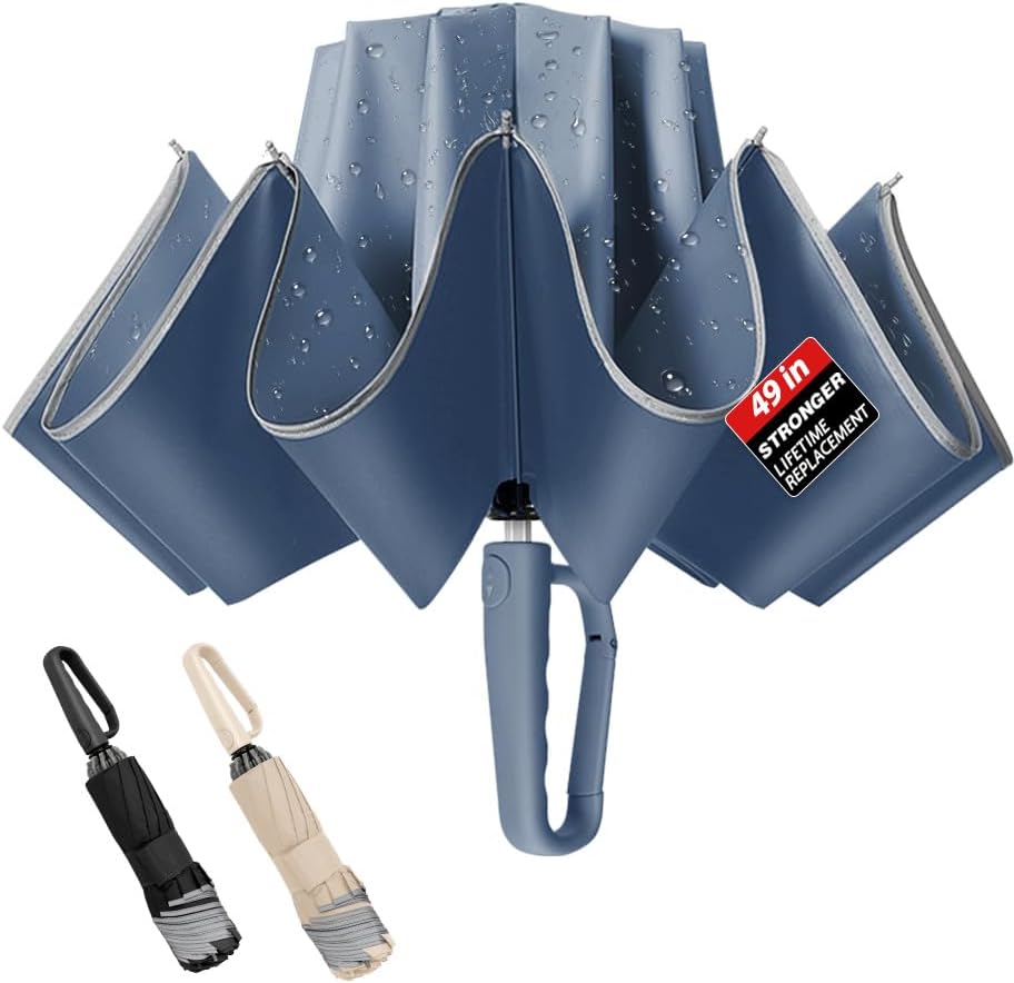 TOPSAIL 10 Ribs Inverted Umbrella with Carabiner Handle, Large Strong Windproof Umbrellas for Rain