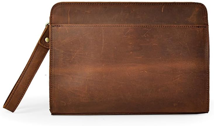 Vintage Crazy Horse Leather Business Briefcase - Under Arm Clutch Bag with Tablet Case & Organizer