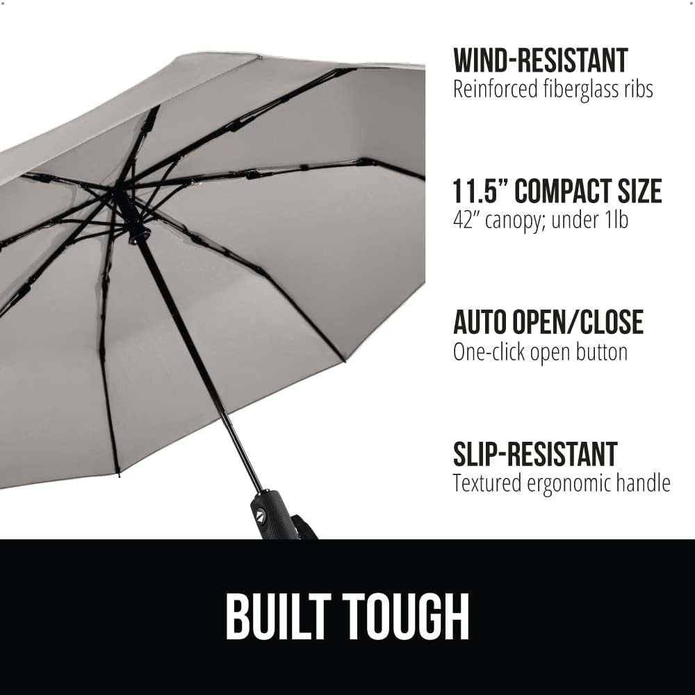 GORILLA GRIP Strong Windproof Stick Compact Umbrella for Rain, One-Click Automatic Open and Close, Durable Quick Dry Waterproof Material, Lightweight and Portable, Travel Size Fits Backpack, Gray