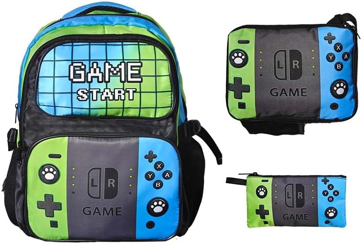 3pcs School Backpack for Boys 17”Kids Gamer Bookbag with Lunch Box&pencil case for Children Elementary Middle Students