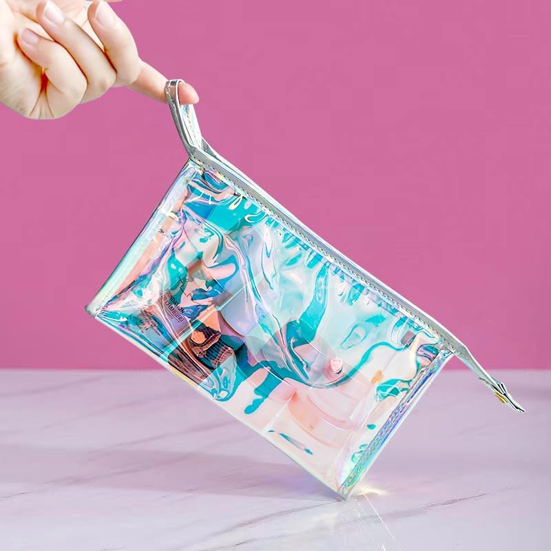 Holographic Transparent Laser Cosmetic Bag TSA Approved Travel Essentials Purse Organizer Bag Iridescent Waterproof PVC Makeup Bag for Women (Rainbow color)