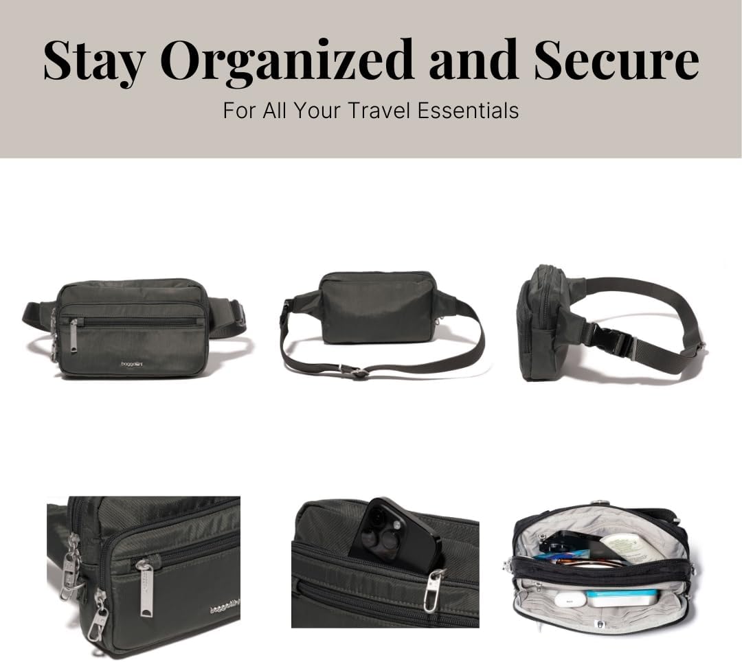 Baggallini Securtex Anti-Theft Belt Fanny Pack for Women RFID Wallet Locking Zipper-Travel Bag Crossbody Purse