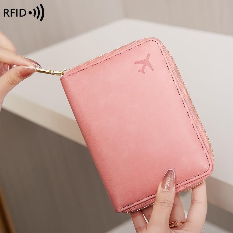 Genuine Leather Wallet Unisex Zipper Passport Holder RFID Blocking Waterproof - Vintage Travel Wallet (Pink)