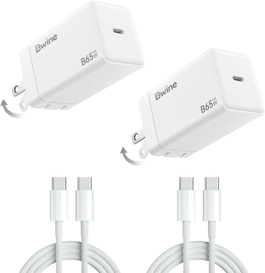 Bwine 65W Phone Charger, GaN Charging Blocks, Compatible with Drone, iPhone 17/Pro,Galaxy S24,Note 20/10+, iPad and More(2X Adapter 2X Cable)