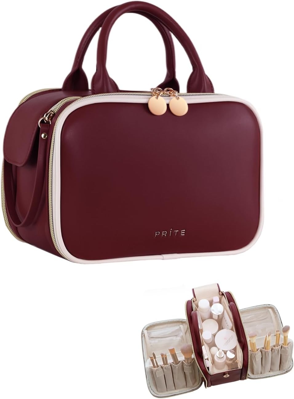 Prite Makeup Bag for Women, Large Capacity Waterproof Travel Cosmetic Organizer, Portable Open Flat Toiletry Bag with Free-standing Brush Holder and Handle (Burgundy Large)