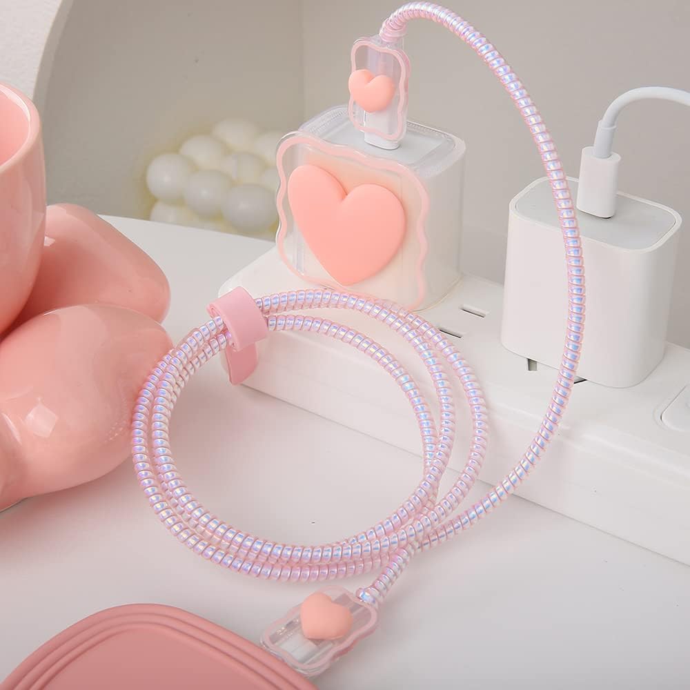 Compatible with iPhone 18W/20W USB-C Charger Cover Lovely 3D Love Heart Waves Clear Soft Charger Protector Cute Cable Saver for iPhone 11 12 13 14 Pro Max Fast Power Adapter, Pink 1 (5in1)