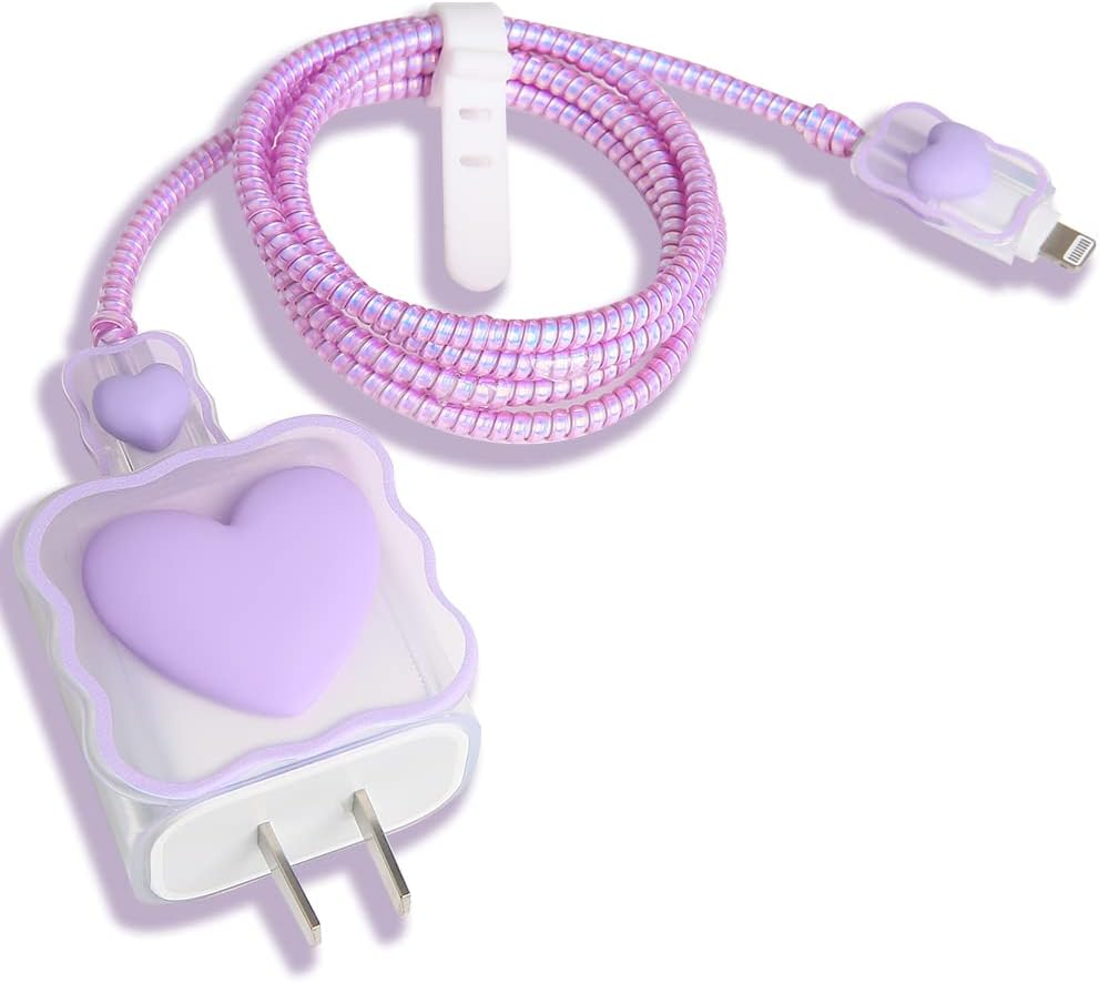 Compatible with iPhone 18W/20W USB-C Charger Cover Lovely 3D Love Heart Waves Clear Soft Charger Protector Cute Cable Saver for iPhone 11 12 13 14 Pro Max Fast Power Adapter, Purple 1 (5in1)