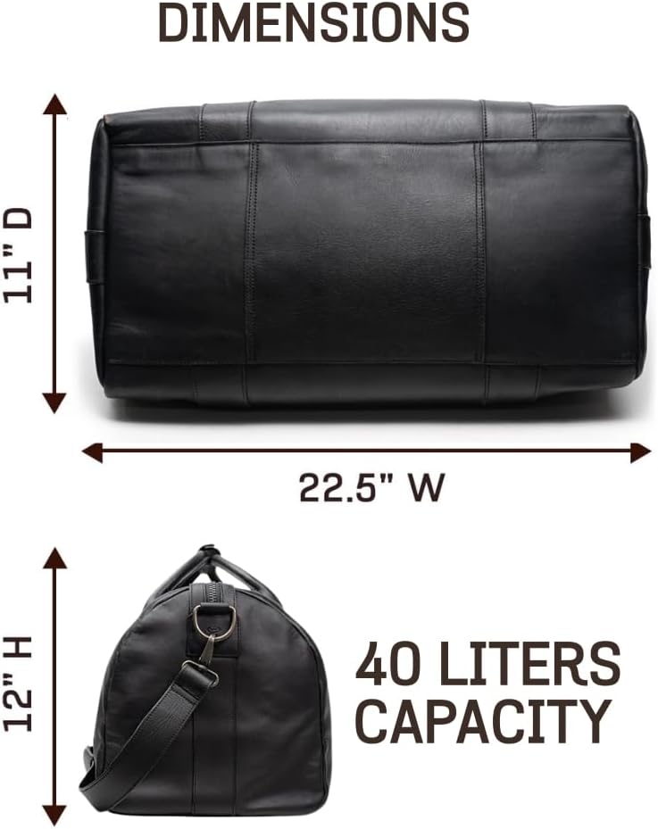 Full Grain Leather Duffle Bag – 40L Travel, Gym & Carry-On Weekender for Men | Handcrafted Overnight Bag with Brass Hardware, Black Style