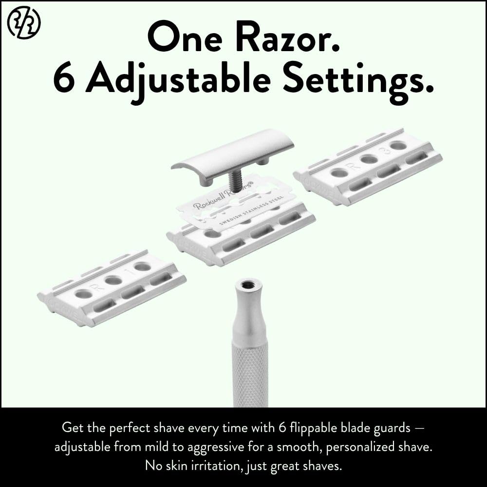 Rockwell Razors 6S Matte Stainless Steel Safety Razor. Adjustable Single Blade Razor With 6 Shave Settings and 5 Recyclable Blades. Custom Shaves For Men and Women. Reduces Razor Burn and Irritation.