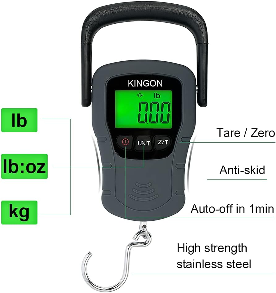 Digital Hanging Luggage Scale with Comfortable Handle and Large Hook, 110lb/50kg, Backlit Portable Scale for Travel Fishing with Tare/Hold Function, AAA Batteries Included, Grey