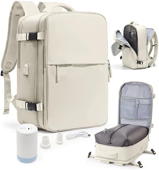 Vacuum Seal Travel Backpack with Air Pump,Compression Vacpack Waterproof Carry On Backpack for Travel Women Men with Vacuum System,Airlines Approved Daypack Laptop Space Saver Bags,Beige