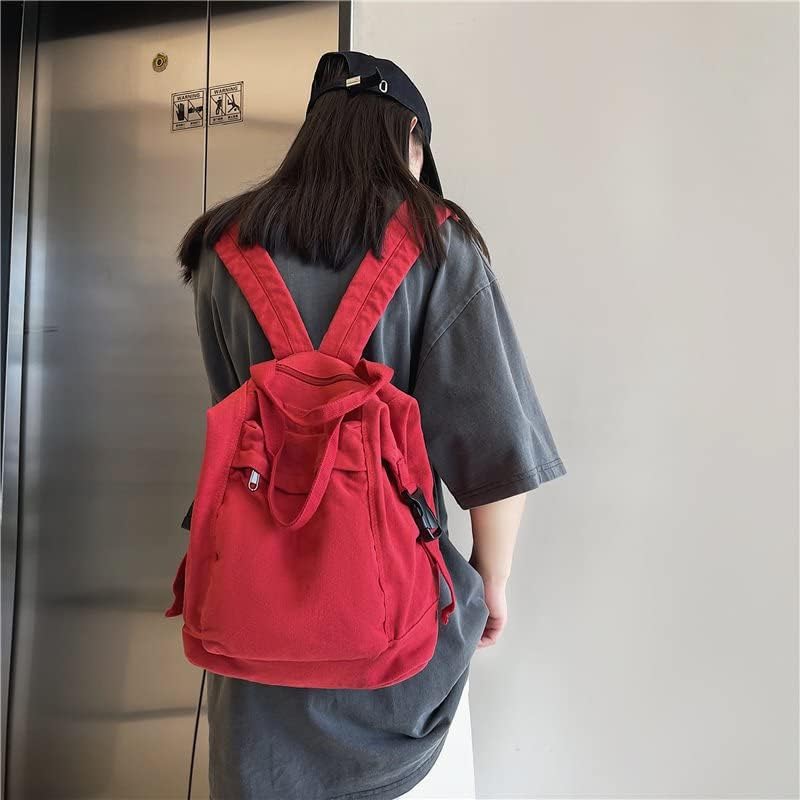 Small Boho Canvas Backpack for Women Vintage Style Outdoor Travel Bag Casual Daypack Grunge Aesthetic Hippie Y2K Backpack (Red,One Size)