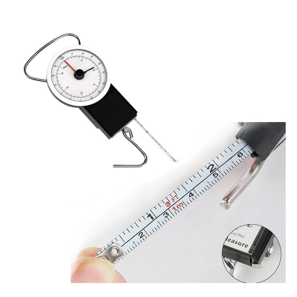 Mechanical Hanging Luggage Scale with Tape Measure – 22kg/50lb Portable Analog Dial Weight Scale for Travel Bags, Fishing, Household Use – Battery-Free, Durable Hook, Compact Design