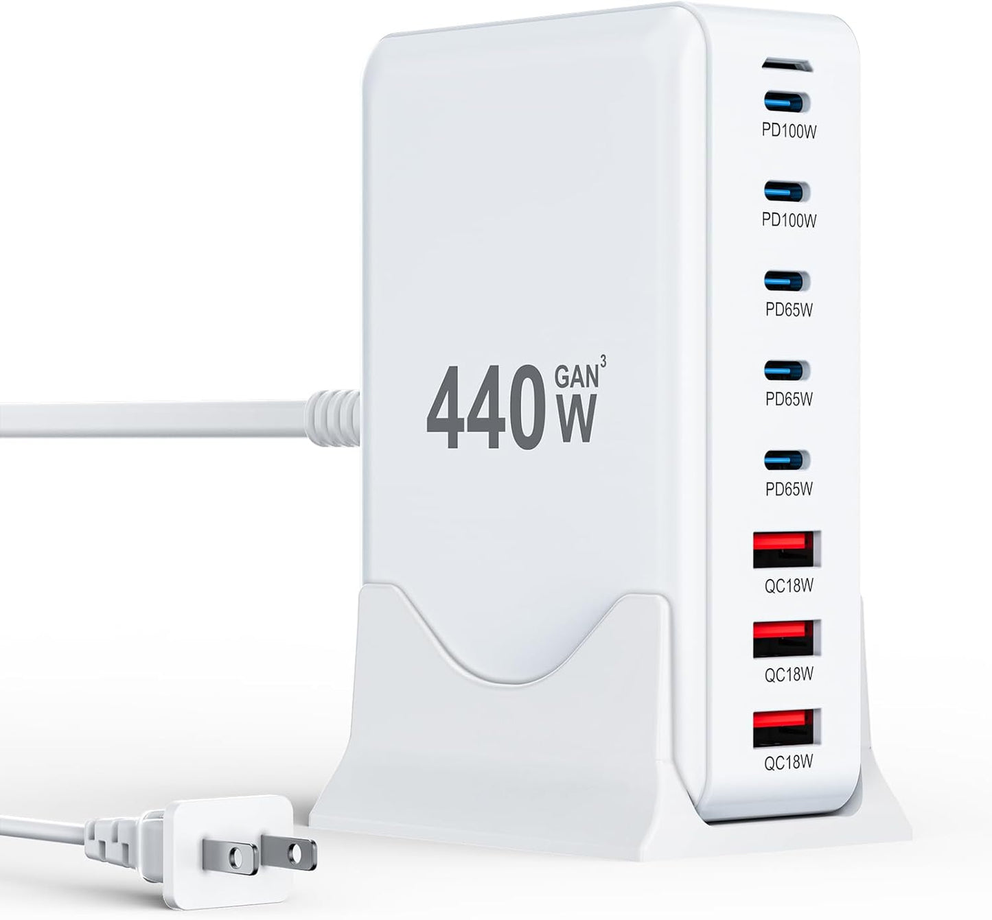 USB C Charger Block 440W Charging Station Hub,8 Port GaN III Fast Charging Brick with 5ft Extension Cord,PD QC PPS 100W Laptop Power Adapter for MacBook Pro/Air,iPhone 17/16/15,Samsung Galaxy,Dell etc
