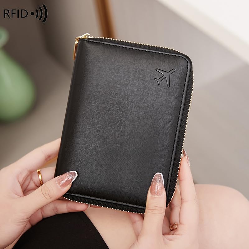 Genuine Leather Wallet Unisex Zipper Passport Holder RFID Blocking Waterproof - Vintage Travel Wallet (Black)