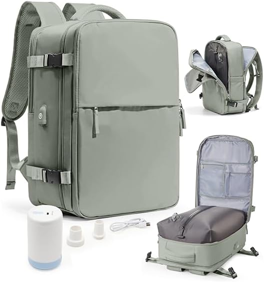 Vacuum Seal Travel Backpack with Air Pump,Compression Vacpack Waterproof Carry On Backpack for Travel Women Men with Vacuum System,Airlines Approved Daypack Laptop Space Saver Bags,GrassGreen