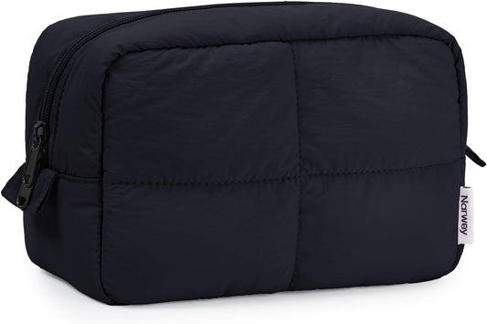 Narwey Puffy Makeup Bag for Travel Women Girl, Quilted Makeup Bag Cosmetic Bag, Cute Puffer Make Up Organizer Bags, Travel Toiletry Bag Toiletries (Black)