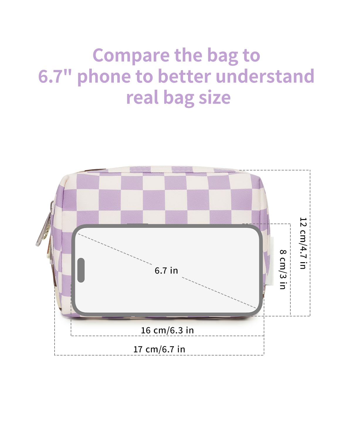 Narwey Small Checkered Makeup Bag for Purse Mini Cosmetic Bag Travel Makeup Pouch Zipper Pouch Cute Make up Bags with Compartments for Women Girls (Purple Checkerboard, Small)