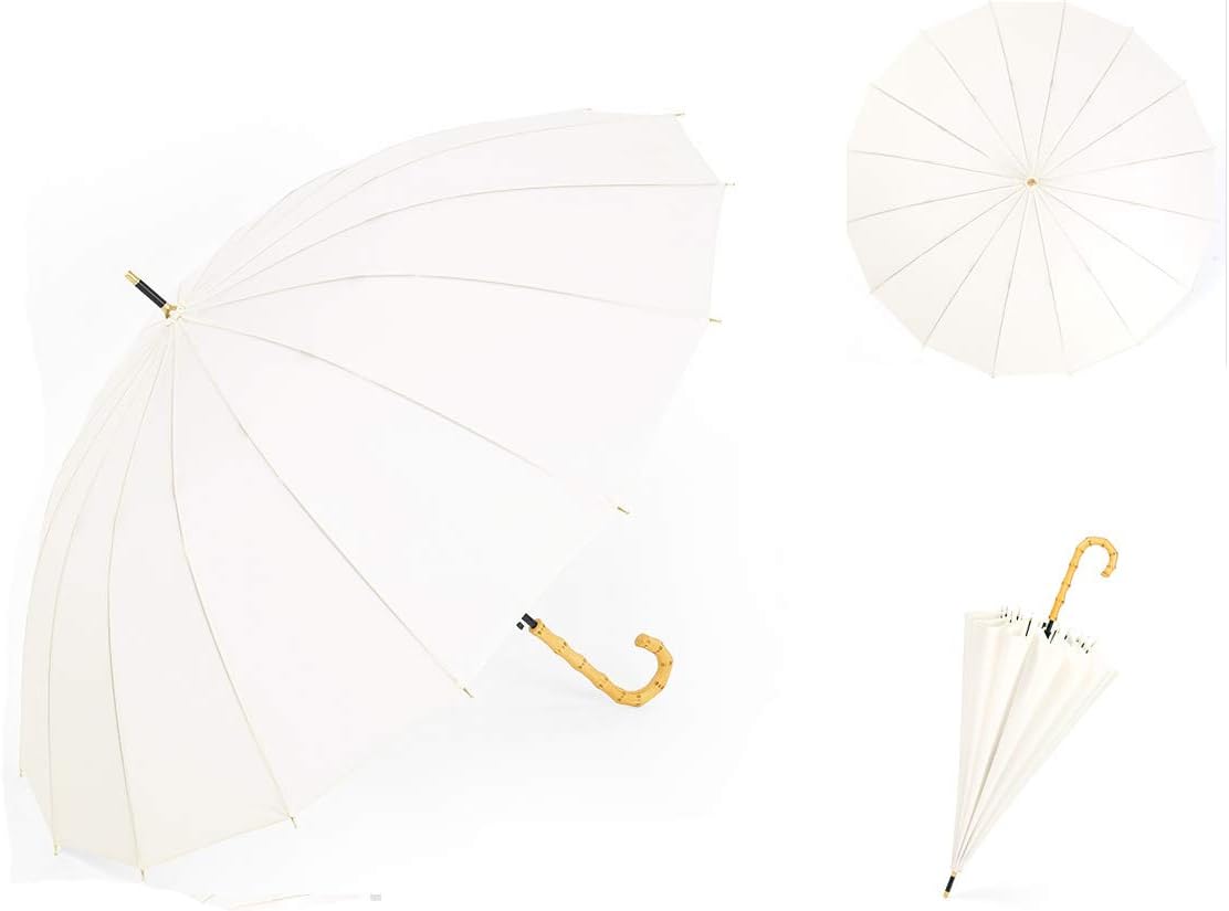 ThreeH Bamboo Stick Umbrella Auto Open Solid Color Fashionable and Simple 190T 16 Ribs,KS08 White