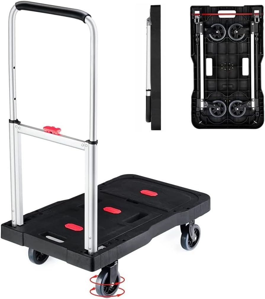 Folding Hand Truck Platform Truck 330 Lbs Heavy Duty Dolly Cart with Wheels, Fully Folded Push Cart, Portable Trolley Utility Cart for Easy Storage, Garage Moving Shopping Home Office