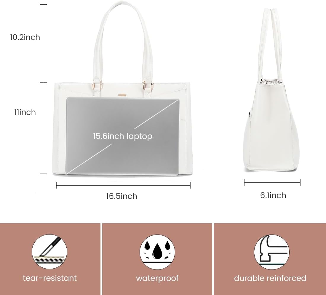 LOVEVOOK Laptop Bag for Women 15.6 Inch Tote Bags Waterproof Leather Briefcase Computer Women Business Office Work Bag,White