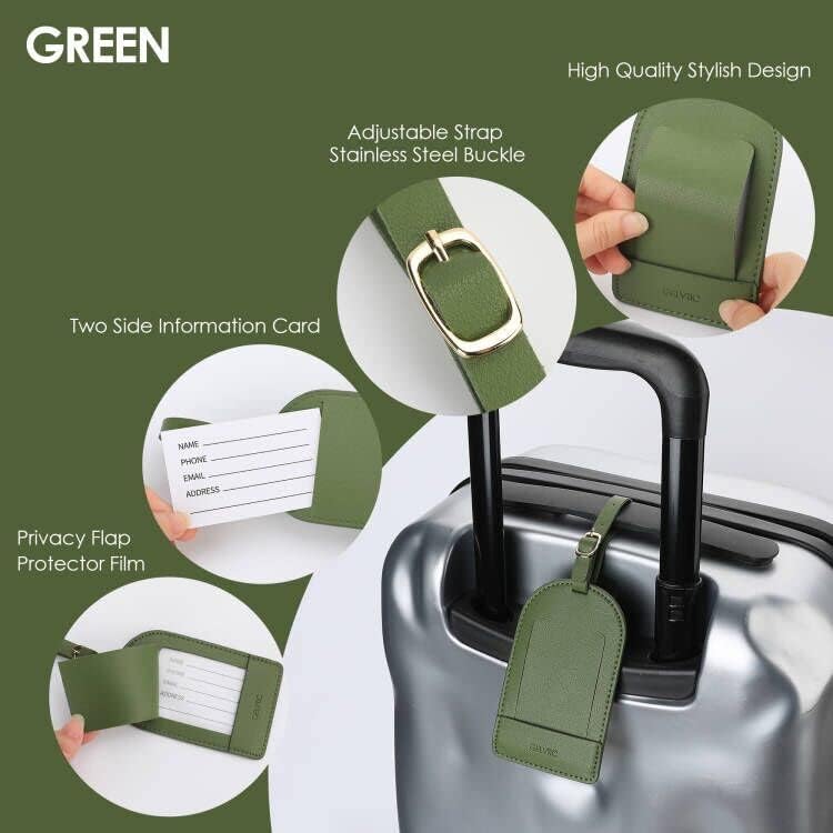 Faux Leather Luggage Tags for Suitcase Tag Set Privacy Protection with Identifie Name Lable ID Card Baggage tag for Men Women Travel Accessories, 2/4 Pack (LT06-Green)