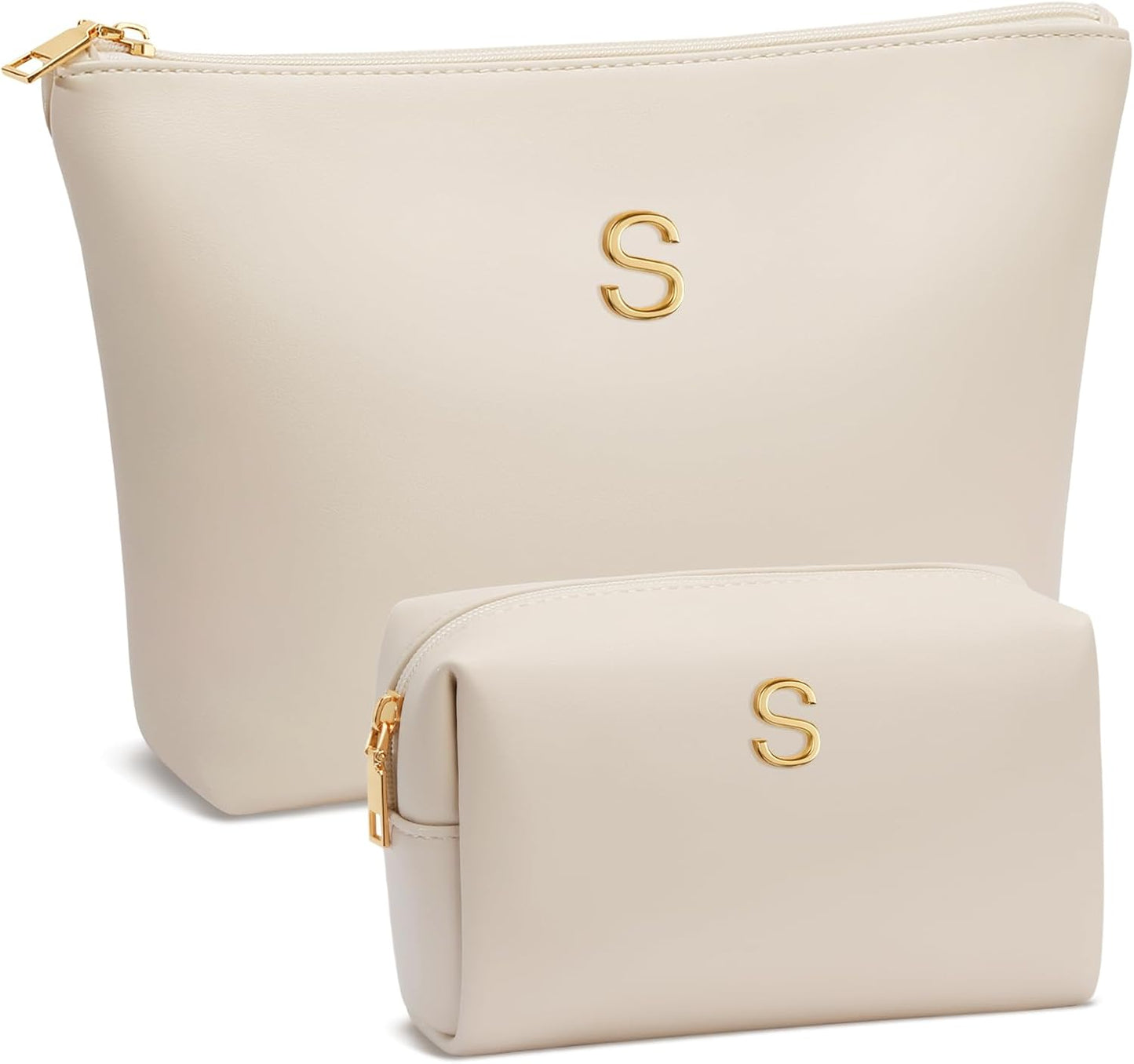Women Gifts | Initial Makeup Bag Set for Girl Personalized Gifts for Bridesmaid Friend Graduation Teachers PU Leather Cosmetic Travel Toiletry Bag(Beige,S)