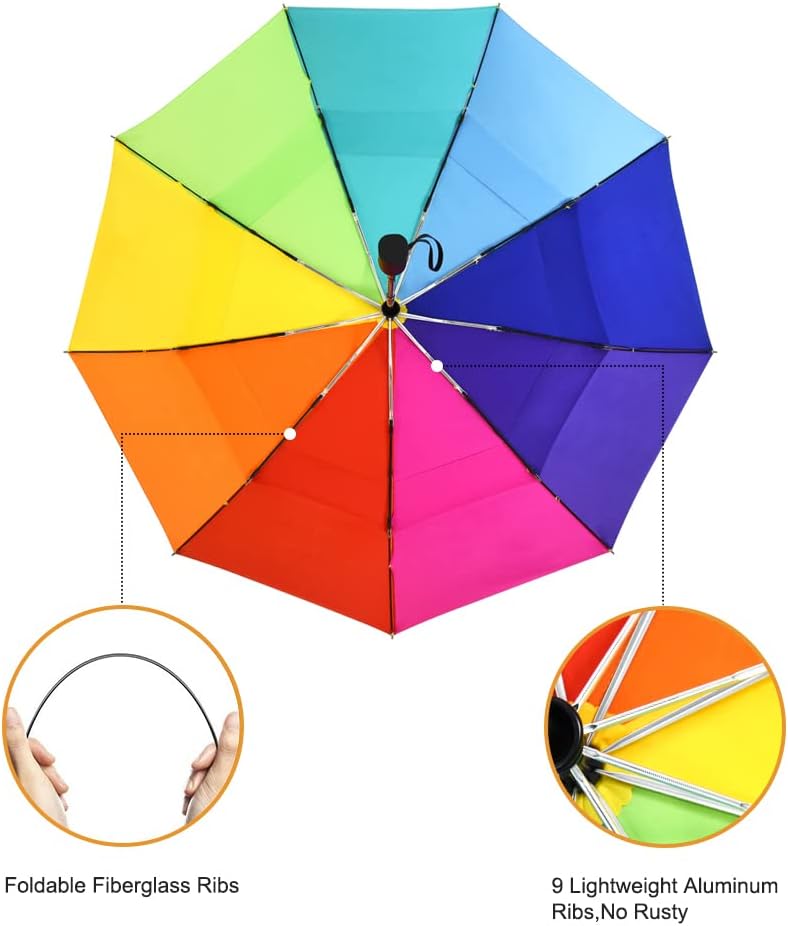 LEAGERA Rainbow Umbrella for Adults - Smal Travel Umbrellas for Rain&Sun, Small, Compact, Light, Folding and Portable Rainbow Umbrella For Backpack Umbrella, Automatic Open