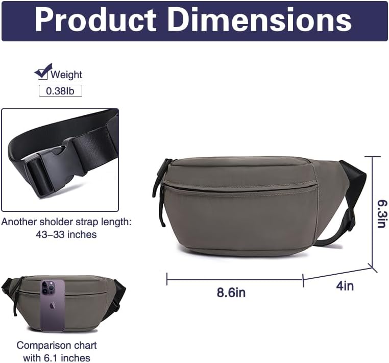 Women Sling Bags Girl Fanny Pack Crossbody Handbag Men Shoulder Bag Unisex Classic Nylon Waist Packs Purse Hiking Chest Bag, Easy Carry Any Phone,Wallet (Gray)
