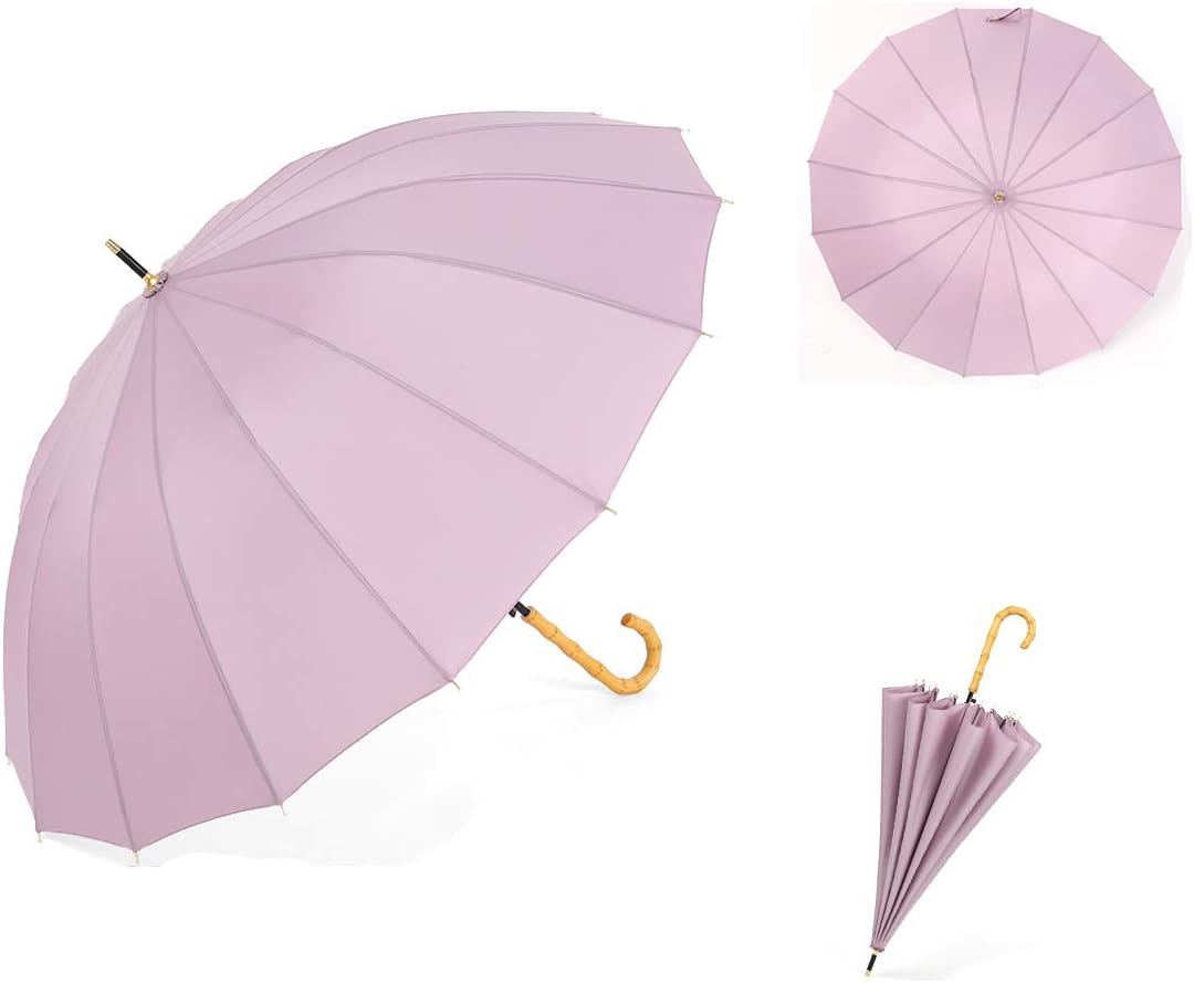 ThreeH Bamboo Stick Umbrella Auto Open Solid Color Fashionable and Simple 190T 16 Ribs,KS08 Purple
